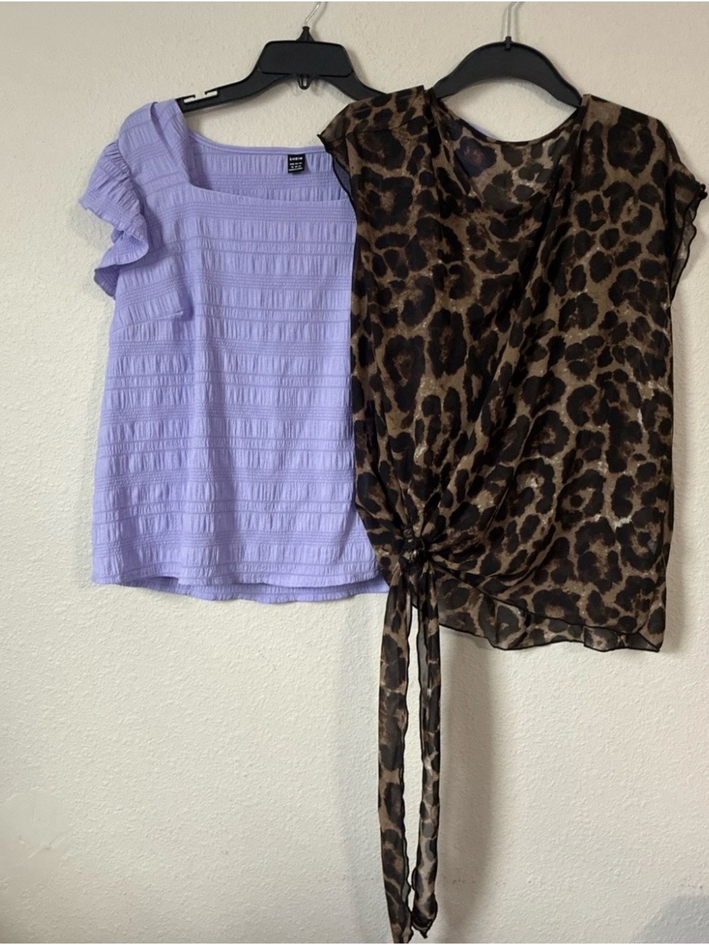 SHEIN Lavender Textured Ruffle Sleeve Top & sheer leopard print top